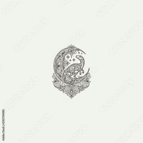 Ornate Celestial Dinosaur and Moon Line Art Illustration