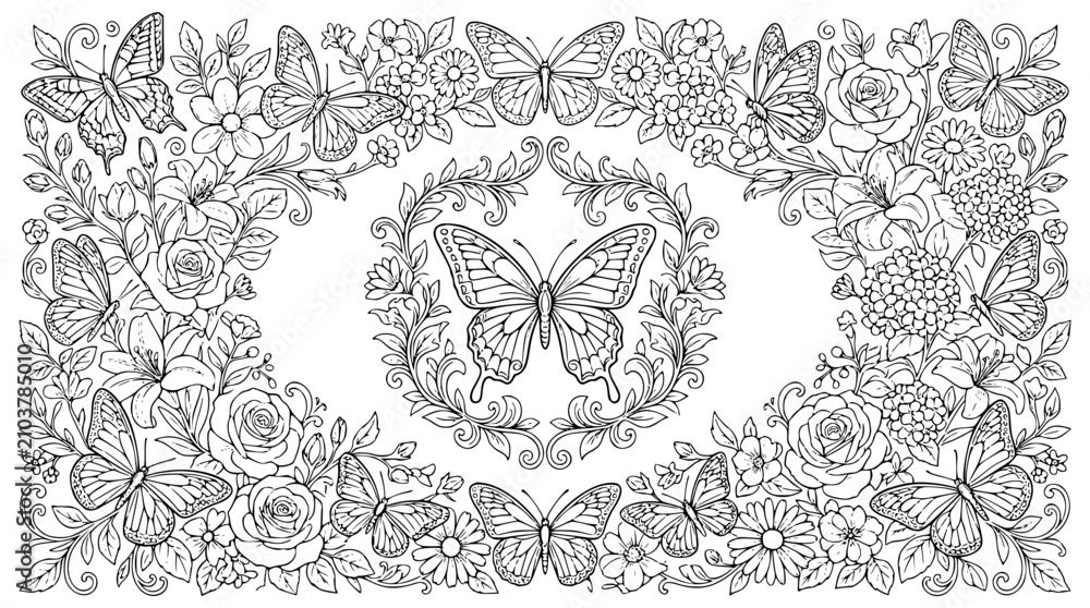 Obraz premium Butterfly and Flower Garden Coloring Page for Adults and Kids