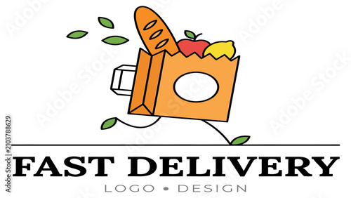 Slika na platnu Delivery bag character runs quickly while carrying fresh bread and fruits for grocery services