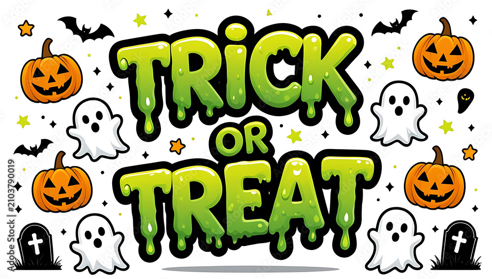 Fototapeta premium Fun Trick or Treat Halloween typography featuring pumpkins, ghosts, bats, and festive doodles, perfect for shirts, stickers, cards, and party decor.