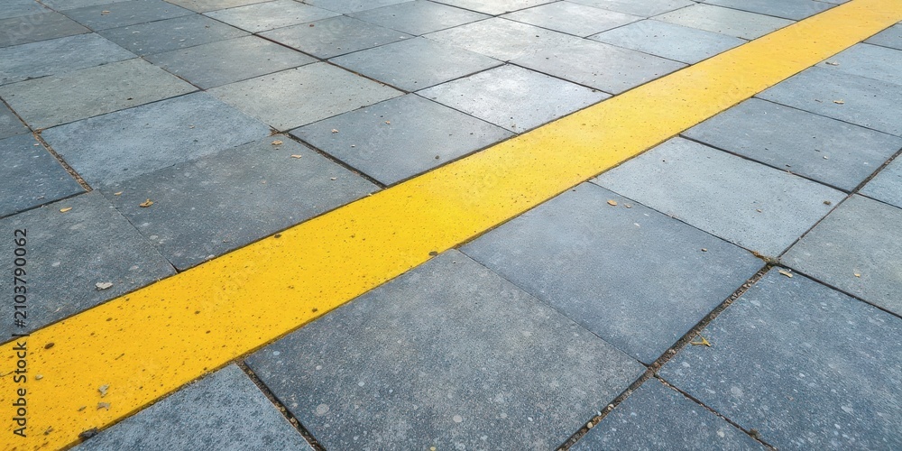 Fototapeta premium A vibrant yellow line sharply bisects a gray paved pathway, creating a striking visual contrast and suggesting a directional guide or separation within the paved area.