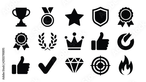 Tableau sur toile Set of bold black and white achievement icons for success with flat vector colle