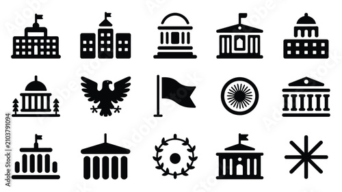 Foto Minimalist black government and national symbols icon set with displays collecti
