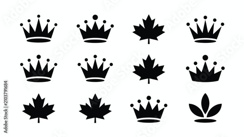 Cuadro en lienzo Minimalist crown and maple leaf icon set for royalty with arrangement twelve min