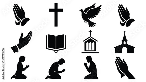 Fotografi Religious symbols and gestures black vector illustration set with praying figure