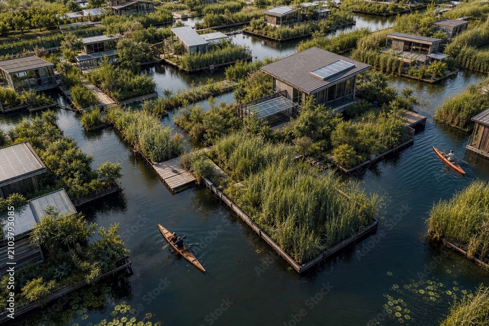 Naklejka premium Sustainable floating community surrounded by constructed wetlands