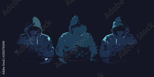Canvas Print Three figures in hoodies shrouded in darkness and mystery