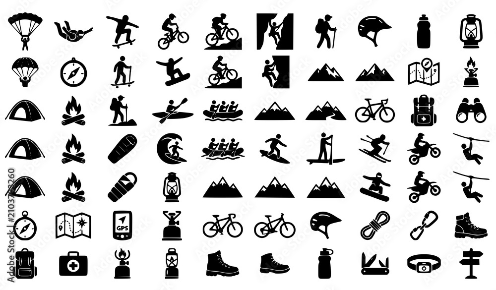 Obraz premium Professional Adventure Sports Icon Collection with Parachuting Skateboarding Biking and Outdoor Symbols