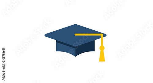 A simple flat illustration of a blue academic graduation cap with a yellow tassel