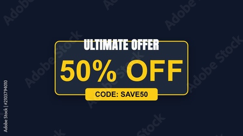 Dynamic animated sale banner with percentage discount and promotional code, transitioning from 38% to 50% off, symbolizing increasing savings and limited-time offers for retail promotions