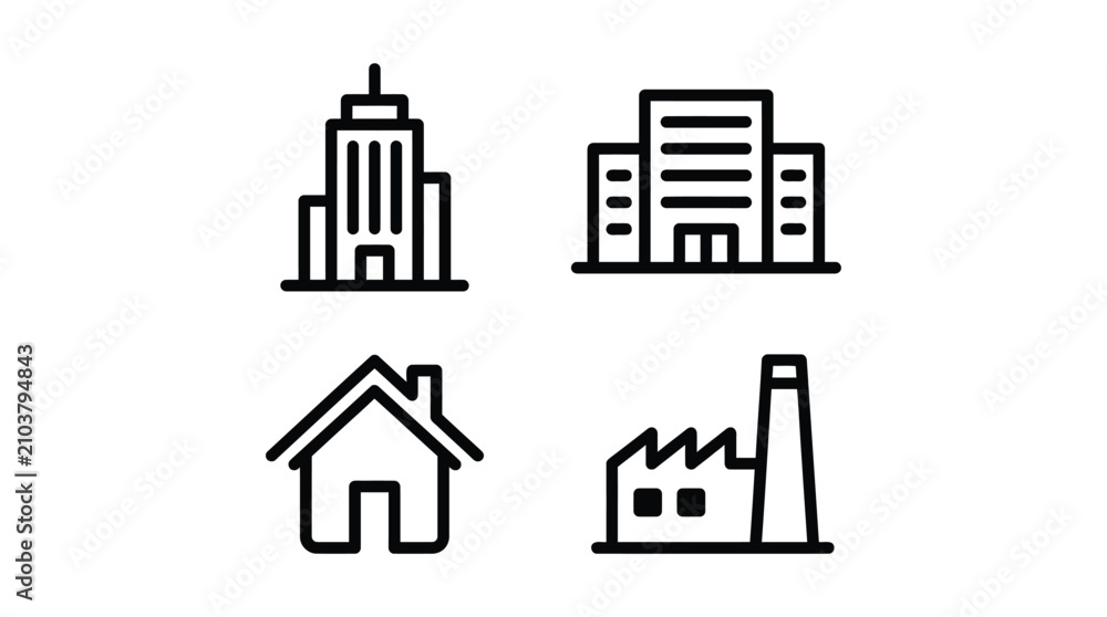 Obraz premium Building silhouettes featuring skyscraper house and factory designs silhouette