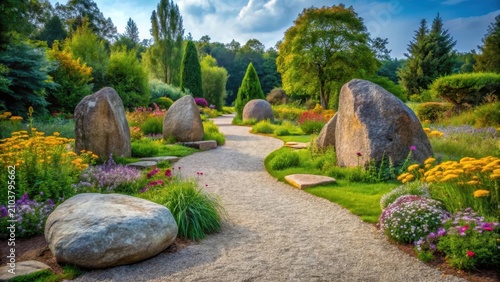 Serene Garden Path Winding Through Vibrant Blossoms and Tranquil Boulder Formations