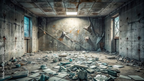 Ruined Interior A Desolate Space Filled with Shattered Remnants and Decaying Walls
