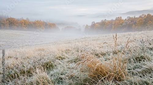 Ethereal foggy autumn landscape with frosted fields and trees distant hills covered in mist creating serene and tranquil natural scene.
