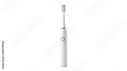 A minimalist white electric toothbrush with a single silver button, featuring soft blue bristles, isolated on a solid white background