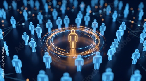 3D render of a glowing gold leader silhouette standing in the center of a crowd of blue digital people connected by lines on a dark background representing leadership and networking