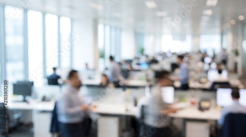 Blurred perspective of open plan office with staff working at desks and walking in bright modern workspace with natural light from floor to ceiling windows in corporate building