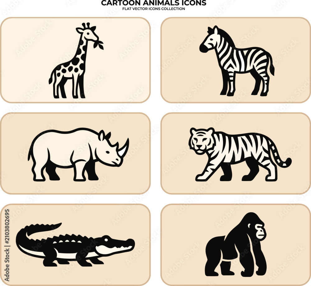 Obraz premium A selection of black and white cartoon animal icons featuring a giraffe, zebra, rhino, tiger, crocodile, and gorilla for web layout.