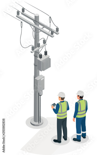 Electrical workers checking utility pole with tablet isolated on transparent background, Vector