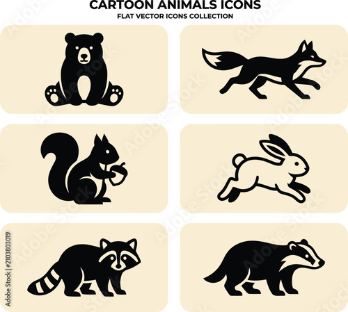 Canvas Print A selection of stylized woodland animal vector icons featuring a bear, fox, squirrel, rabbit, raccoon and badger