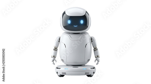A white humanoid robot with a rounded head, glowing blue digital eyes, and a wheeled base, standing on a clean, solid white studio background