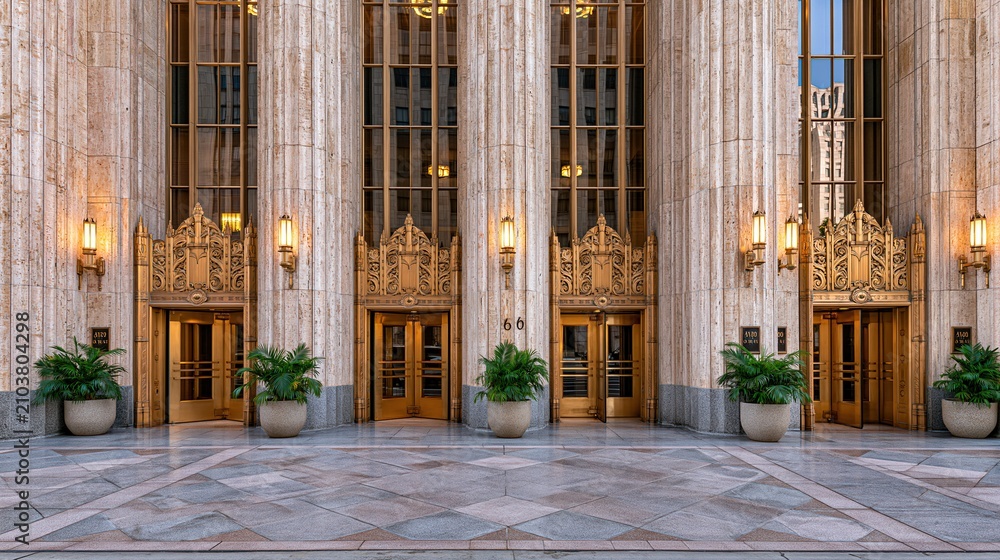Obraz premium Grand Art Deco Entrance with Ornate Gold Doors and Marble Facade Illuminated by Warm Uplighting