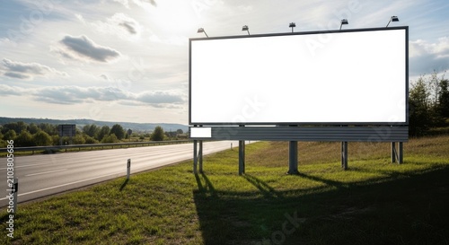 Blank billboard on rural highway with scenic landscape background.