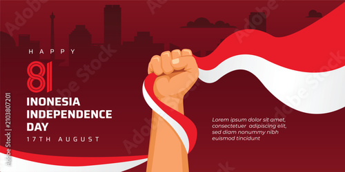 Indonesia Independence Day Banner with Raised Fist Flag and Patriotic Celebration Background