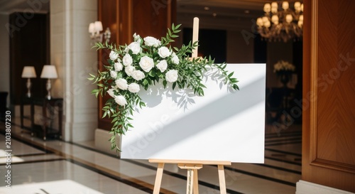 Elegant white floral arrangement on easel in luxury interior.