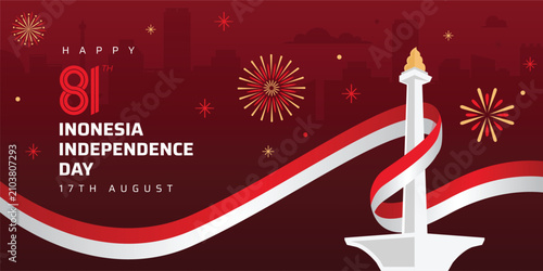 Indonesia Independence Day Banner with Raised Fist Flag and Patriotic Celebration Background