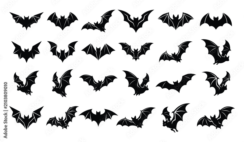 Fototapeta premium Collection of black silhouette bat graphics for halloween and gothic designs