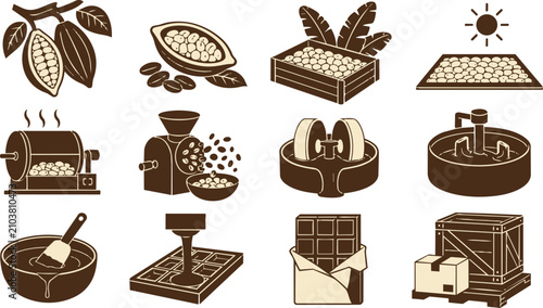 Cocoa chocolate bean to bar production process icons