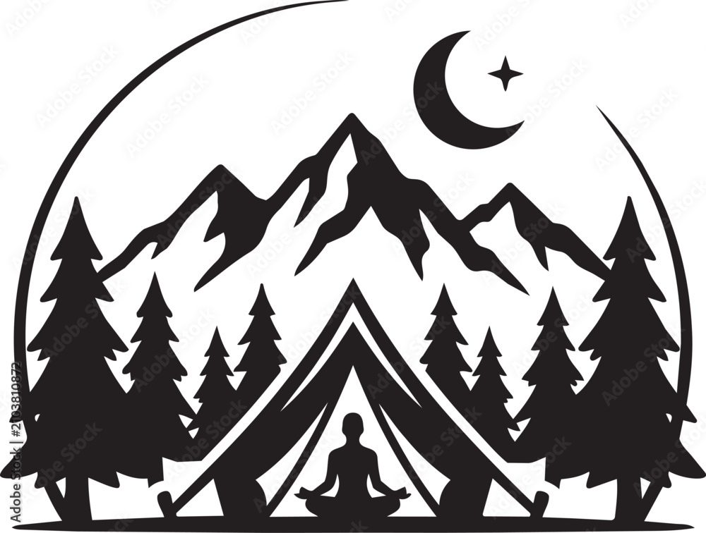 Obraz premium Camping tent with mountains and trees under crescent moon night sky