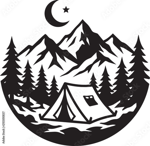 Camping scene with tent in mountain forest under crescent moon