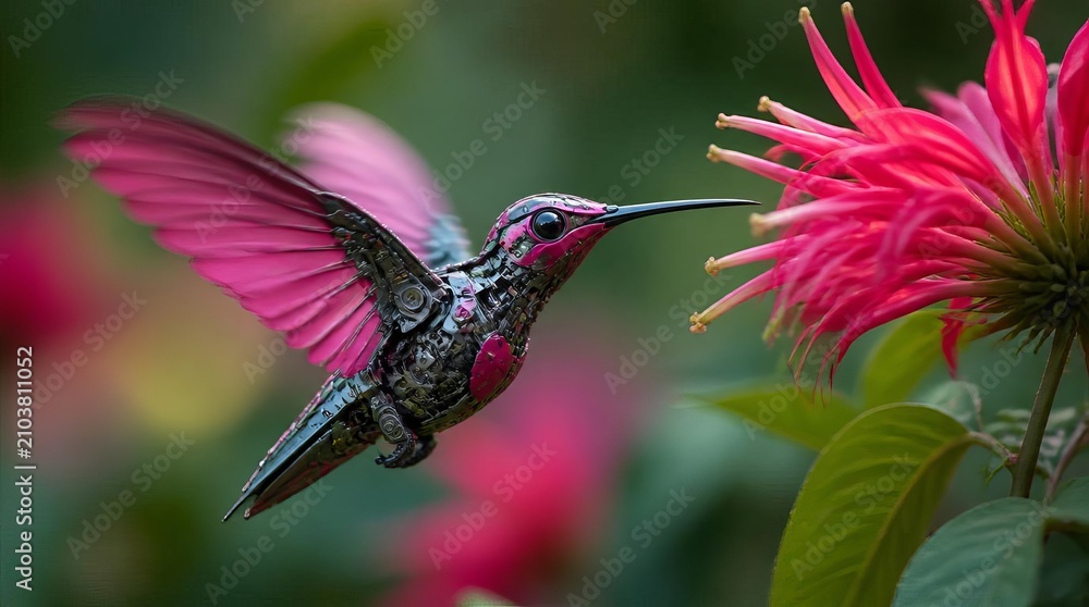 Fototapeta premium Vibrant pink hummingbird with metallic body hovers near a bright flower