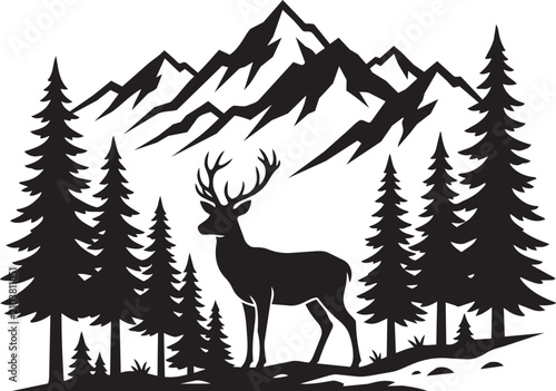 Deer standing in a forest with mountain background vector illustration