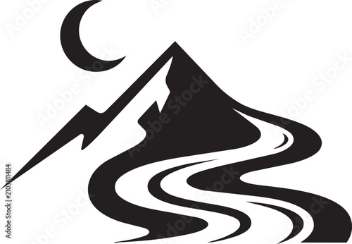 Fotografie Black stylized volcano erupting with moon silhouette