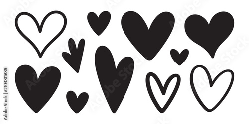 Bild auf Leinwand Set of black heart shape doodle and hand drawn hearts icon on transparent background