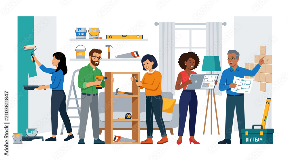 Obraz premium Diverse People Working on Home Renovation and DIY Interior Design