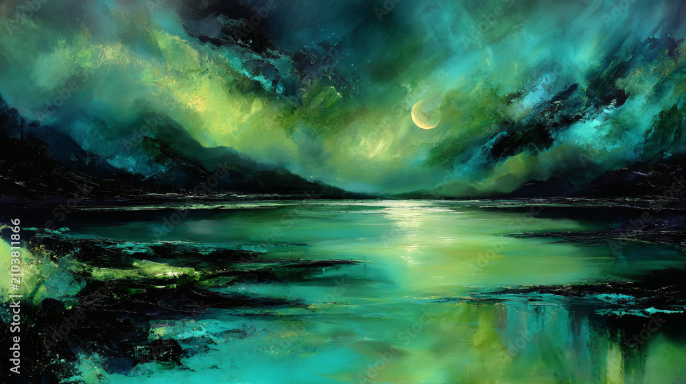 Fototapeta premium Surreal Green Dreamscape Lake with Glowing Moon – Dramatic Fantasy Landscape