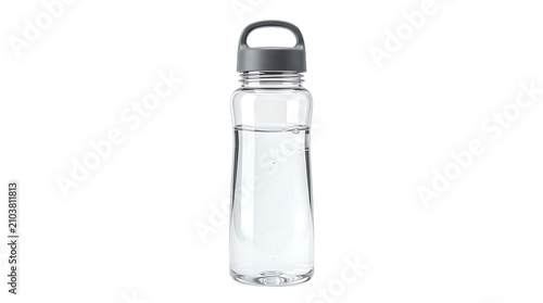 Transparent plastic water bottle with a grey plastic lid and a built-in carrying loop handle filled with water on a plain white background