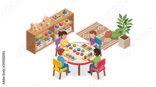 Isometric illustration of children playing with educational toys in classroom