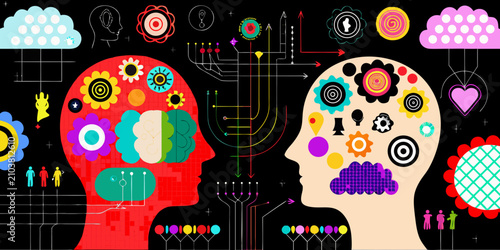 Foto Floral and geometric brain representations vector illustration on black backgrou