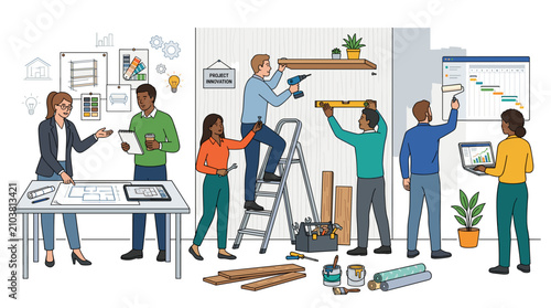 Diverse Team Collaborating on Office Renovation and Design Project
