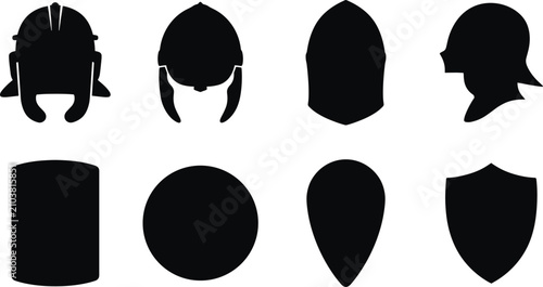 Tablou pe pânză Medieval Helmet and Shield Silhouette Collection with Historic Armor Defense Equ