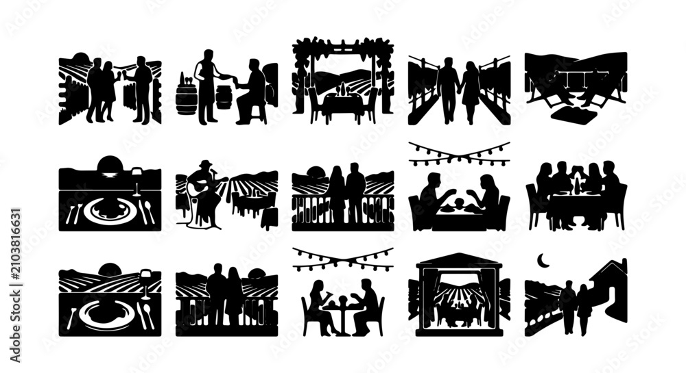 Obraz premium Vineyard Celebration Silhouettes: Wine Tasting, Dining, and Festivities Vector Set