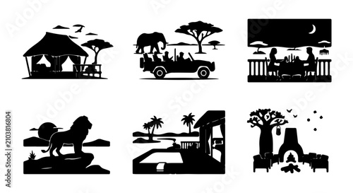 African Safari Silhouettes: Wildlife, Lodges, and Adventure Scenes Vector Set