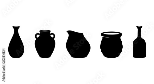 Bild auf Leinwand Set of 5 Black Ceramic Pottery Silhouettes, Vintage Kitchenware Vessels, Rustic