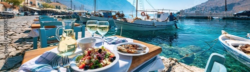 Fresh greek food and white wine pairing on a waterfront dining table, enjoying clear blue sea and fishing boats