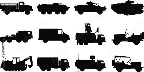 Military Vehicle Silhouette Collection with Armored Trucks Tanks Tactical Transport and Defense Equipment